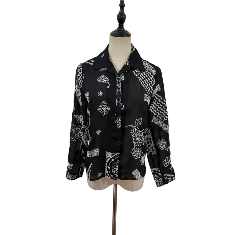 Coldwater Creek Black Sheer Button up Embroidered Blouse‎ Sz PXS Boho Western